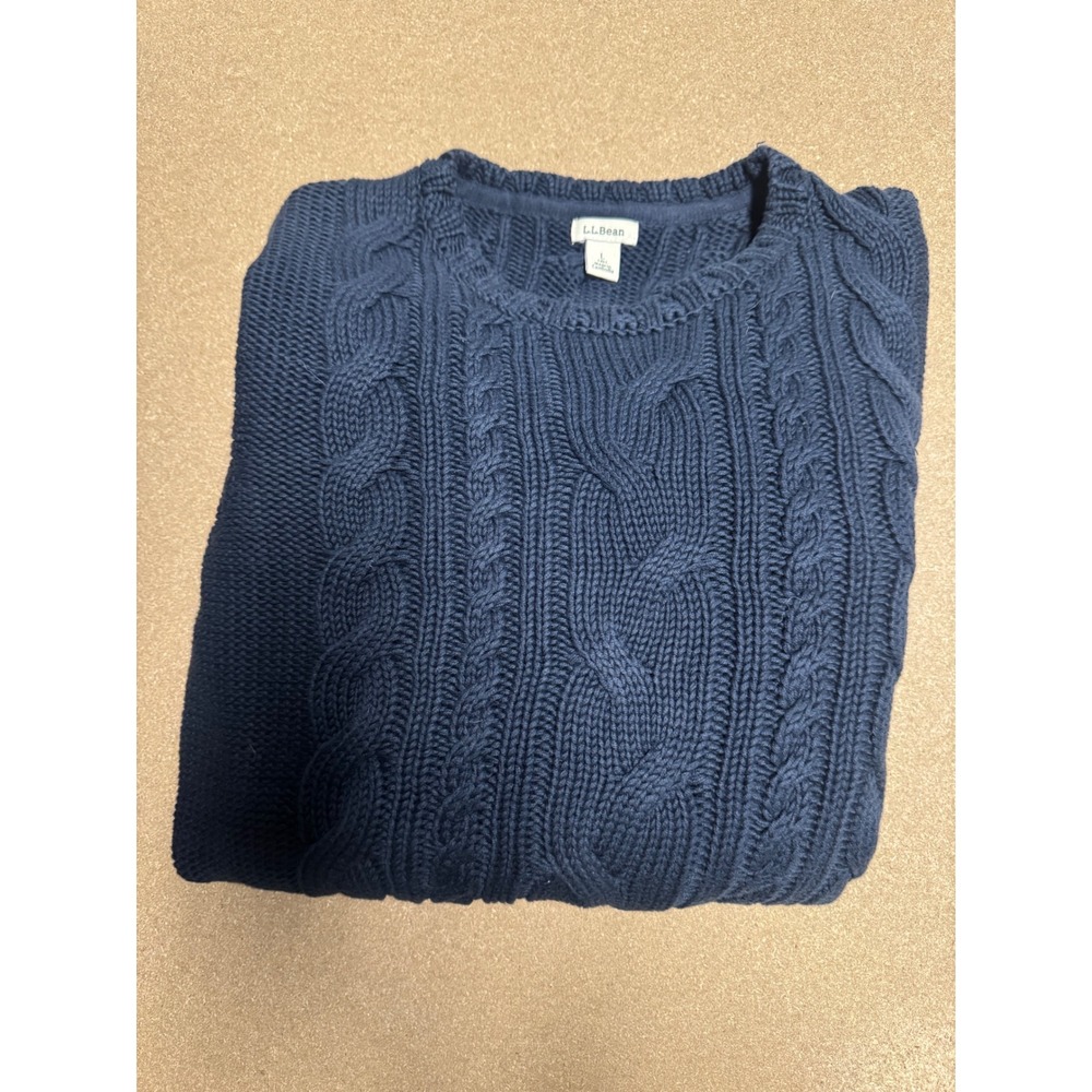 LL Bean Womens Navy Blue Cable Knit Cotton Crew Neck Sweater Tall Size L‎